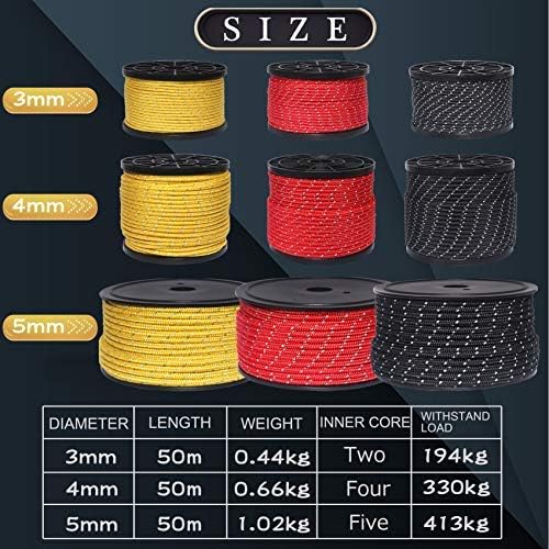 Hikeman 50m Reflective Guyline Solid Braid Nylon Camping Rope with Aluminum Adjuster Cord Tensioner Tent Accessory for Outdoor Travel,Hiking,Backpacking and Water Activities (Army Green, 5mm)