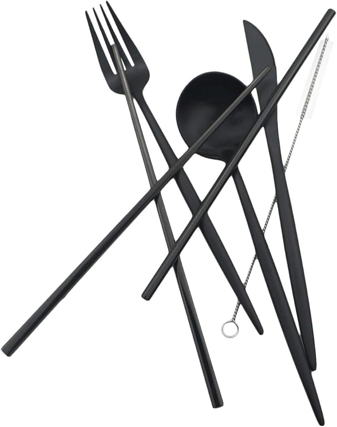 Gugrida Reusable Travel Utensils, 7 Piece Portable 304 Stainless Steel including Knife Fork Spoon Chopsticks Cleaning Brush Straws Portable Pouch, Eco-friendly Camping Silverware Set, Dishwasher Safe