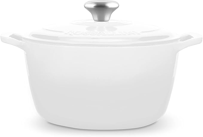 Signature Enameled Cast Iron Dutch Oven, Non-Stick Serving Pot with Tight Fitting Lid for Perfect Roasting, Baking, Sauteing, and Bread Making | 5.5Q (5.2L) - White