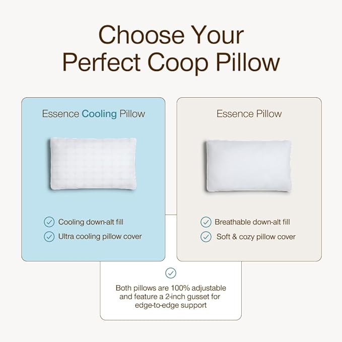 Coop Home Goods Essence Cooling Down Alternative Pillows Set of 2, Queen Size Adjustable Cooling Pillow for Hot Sleepers, Cool-Touch Luxury Hotel Pillows for Stomach, Back, or Side Sleepers 27x17