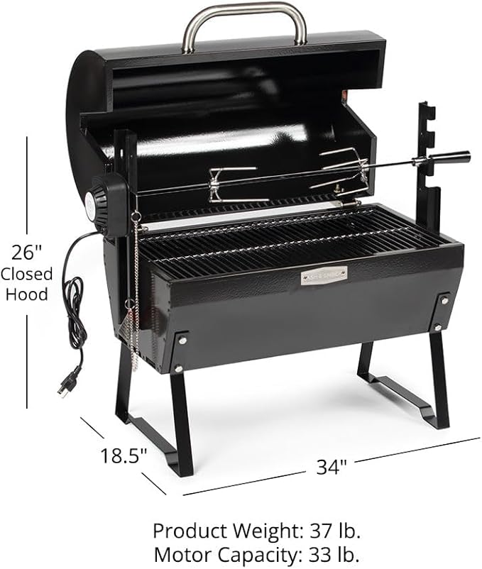Ash & Ember 4W Rotisserie Spit Roaster Grill, Rated 33 LB, Horizontal Adjustable Spit Rod for Outdoor Charcoal BBQ with Hood, Roast Chicken, Lamb, Pig, Beef