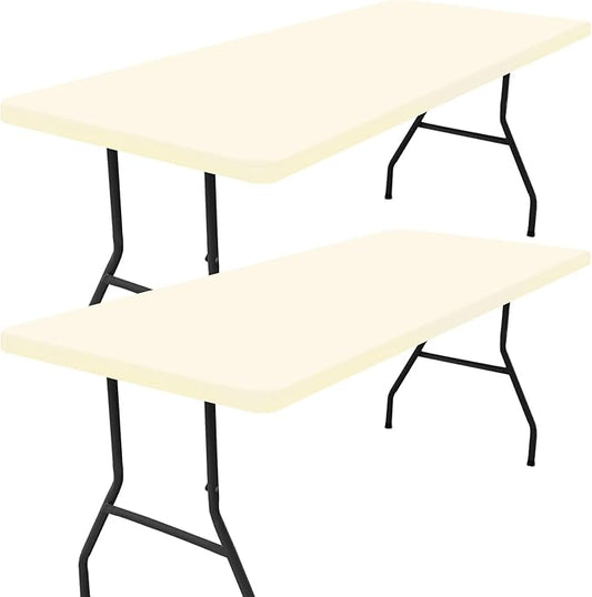 Smiry 2 Pack Rectangle Picnic Table Cloth, Waterproof Elastic Fitted Tablecloths, Washable Polyester Rectangular Patio Table Cover for Camping, Indoor and Outdoor (Beige, 30"x96")