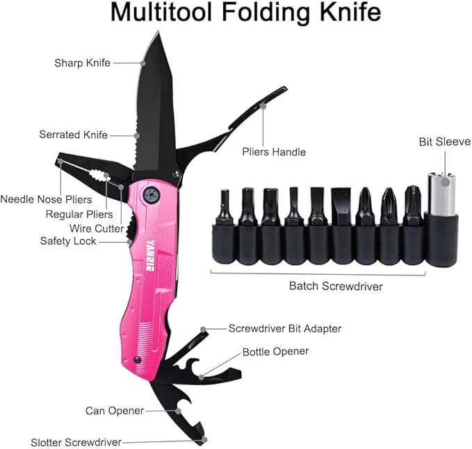 Multitool Pocket Knife with Switch Blades, Can Opener, Wire Cutter, Plier Screwdrivers, Fishing Knife for Camping Hunting, Chrismas/Birthday Gifts for Men/Dad/Kids (Pink)