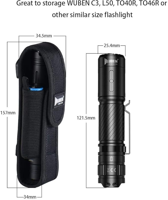 WUBEN Flashlight Holster LED Tactical Flash Light Nylon Pouch Holder Belt Adjustable Heavy Duty Flashlight Carry Case 5.5"x1.2" (Flashlight not Included)