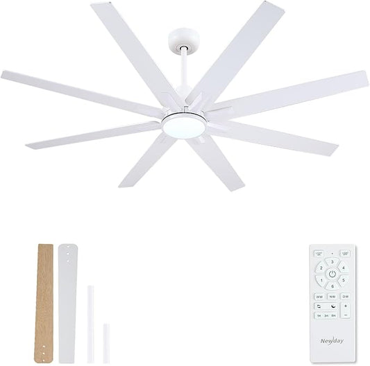 Newday 62 inch Large Ceiling Fans with Lights and Remote, Indoor/Outdoor White Ceiling Fan for Living Room Patio, 6 Speeds Slient Reversible DC Motor, 3CCT, Timer, 2 Downrods, 8 Blades