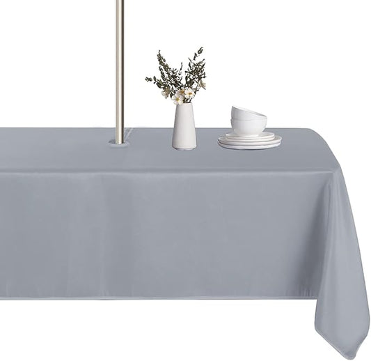 LUSHVIDA Rectangle Outdoor Tablecloth with Umbrella Hole and Zipper, 52x70 Inch Silver, Washable Waterproof Table Cloth Spill Proof Wrinkle Free Table Cover for Patio Spring Summer Picnic BBQS