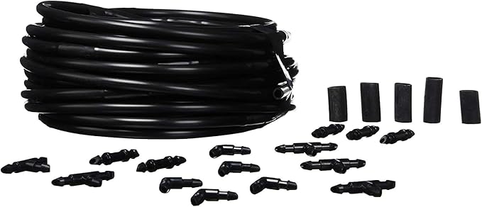 Raindrip R280DT Drip-A-Long™ 1/4 in. Dripline Kit includes 50 feet of 1/4-Inch Dripline preassembled with 1/2 GPH drippers, 5 Barbed Tees, 5 Barbed Elbows, 5 Barbed Couplings, 5 End Plugs