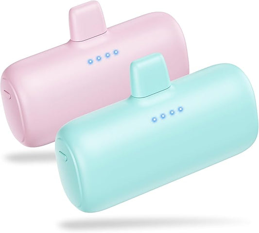 [2-Pack] Mini Portable Charger for iPhone,5200mAh Ultra Compact PD Fast Charging Power Bank,Plug-in Battery Pack Travel Cordless Phone Charger,Compatible with iPhone 14/14Pro/13/12/11/X/8(Pink+Green)