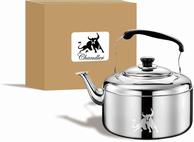 Chandler 5 Liter Tea Pots, Vintage Tea Kettle - 0.4mm Stainless Steel Pot - Hard to Dent | Ergonomic Handle with a Cool Grip | Portable Tea Kettle For Camping (Silver Color)