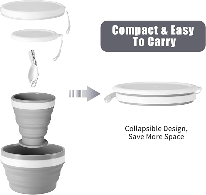 Odoland Camping Collapsible Silicone Cup and Bowl Set for 1 Person, Portable Mess Kit with Spoon and Lid for Adults Backpacking, Family Cookware, Hiking, Picnic, Travel