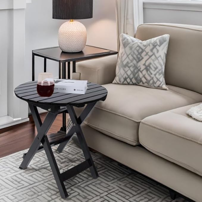 Outdoor Patio Side Table Set of 2 Small Folding Wood Round End Table Coffee Furniture for Living Room, Bedroom, Plant Stand, Camping Portable Black