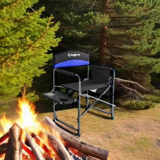 KingCamp Heavy Duty Camping Director Chair, Folding with Side Table & Storage, Blue