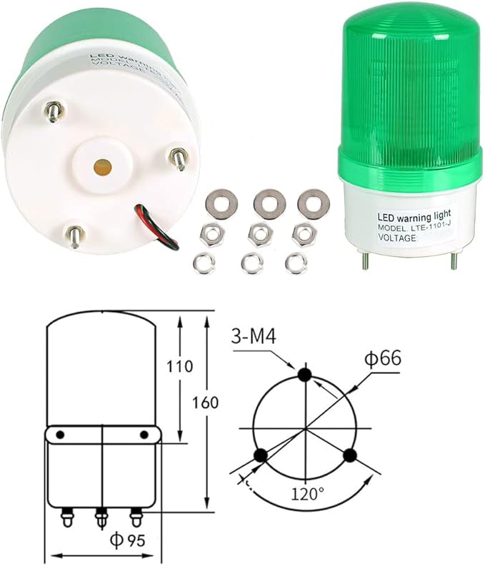 Industrial LED Rotating Strobe Beacon Warning Lights, Electrical Revolving Signal Lights for Emergency, 110v AC, Green, with Buzzer