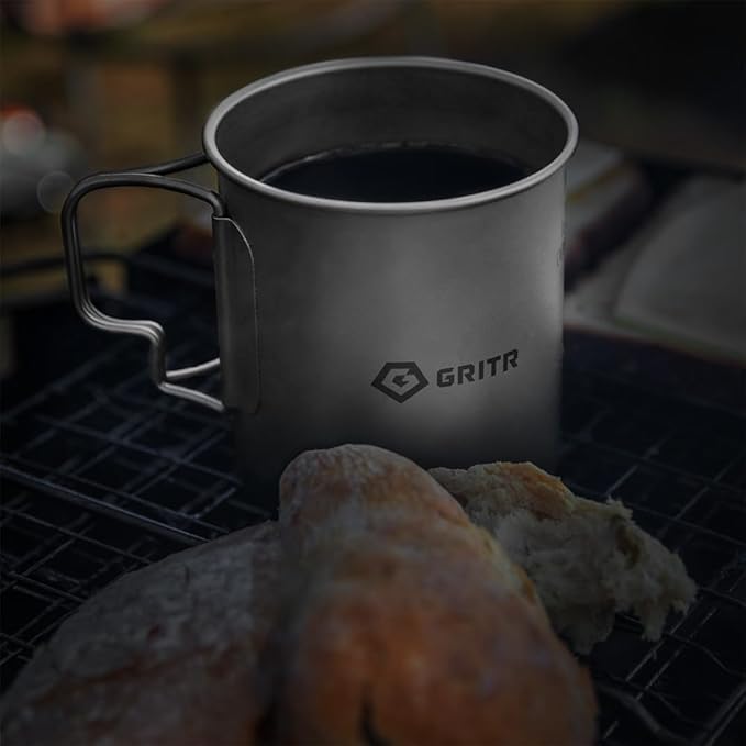 GRITR Titanium Mug, 15.2 fl oz / 25.4 fl oz | Camping, Backpacking, Picnic, Hiking, Travel, Outdoor Cooking Gear w/Lid & Folding Handles | Ultralight Multi-Purpose Metal Cup for Water, Coffee, Tea