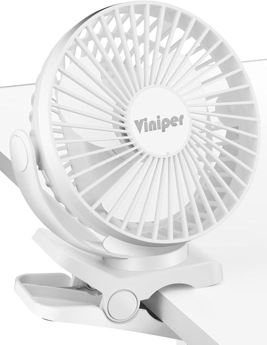 Viniper 6 inch Rechargeable Clip on Fan, 5000mah Battery Desk Fan : 360° Rotation & 3 Speeds Strong Wind Portable Fan, 8-30 Working Hours, Quiet and Powerful (White)