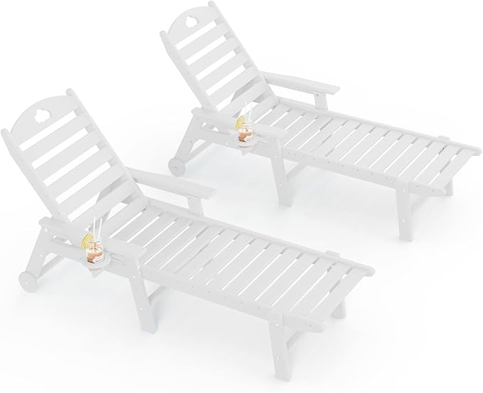Outdoor Lounge Chair with Cup Holder, Outdoor Chaise Lounge with 6-Position Adjustable Backrest, HDPE Lounge Chair for Poolside, Patio, Deck & Backyard, Chaise Lounge (White, 2)