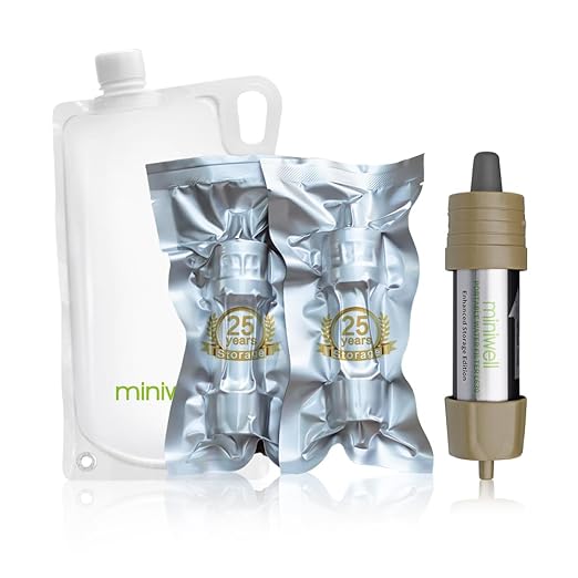 Miniwell L630 Portable Water Filter with Upgraded Vacuum Packaging - 25 Year Storage, Long Lasting and Versatile Usage Options, 2 Pack Filter and 1L Bottles