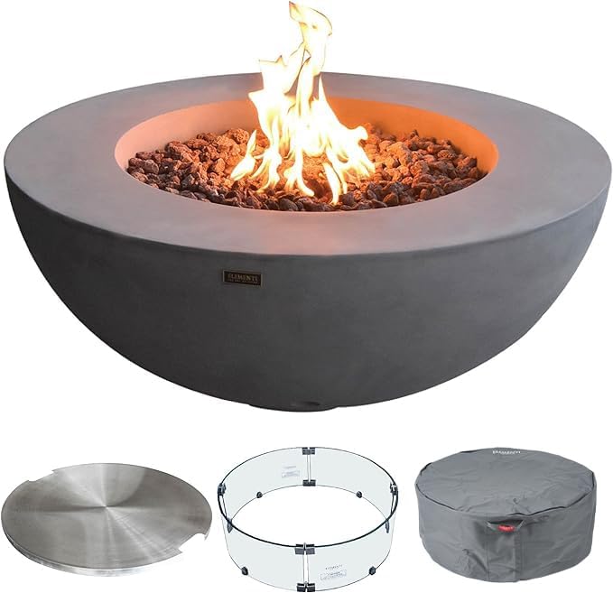Elementi Lunar Bowl Fire Pit Bundle Outdoor Firepit Set Includes 42” Propane Concrete Firepit Bowl, Glass Windscreen, Stainless Steel Cover, Canvas Cover, Lava Rocks