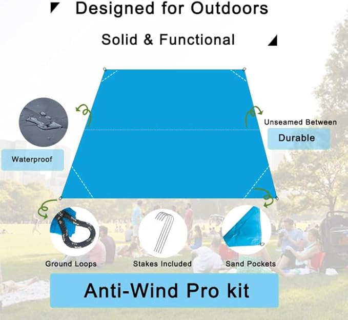 Outdoor Pocket Blanket, 55"x39" Waterproof Foldable Compact Small Pincic Blanket, Ultralight Tarp for Camping, Festival, Beach, Hiking, Backpacking, Travel and More, Stakes Included