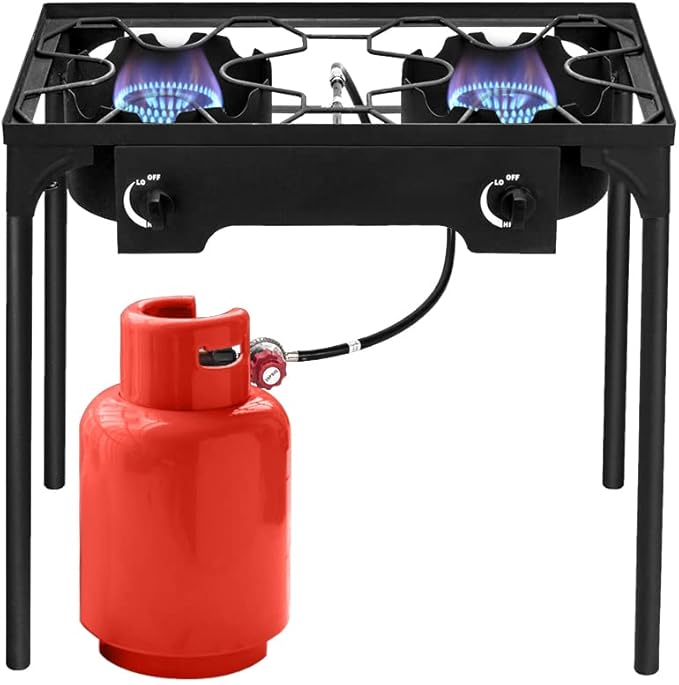 Outdoor Camp Stove High Pressure Propane Gas Cooker Portable Cast Iron Patio Cooking Burner (Double Burner 150000-BTU)