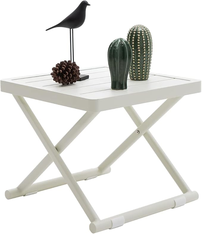 Outdoor Folding Table for Patio Square Side Table for Camping and Picnics Portable Aluminum Tables Foldable Small End Table, Creamy White