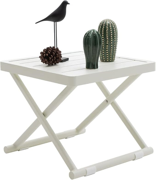 Outdoor Folding Table for Patio Square Side Table for Camping and Picnics Portable Aluminum Tables Foldable Small End Table, Creamy White