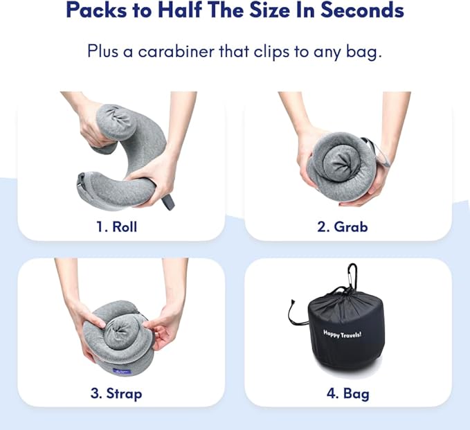 C CUSHION LAB Travel Pillow, Award-Winning Patented Ergonomic Design for Chin & Neck Support Memory Foam Neck Pillow, Compact Airplane Pillow for Traveling, Flight, Car (Gray, Large)