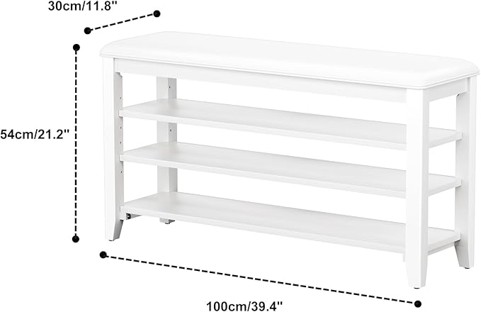 Shoe Rack Bench Entryway Storage with Leather Cushion, Shoe Organizer Bench for Entryway, Ideal for Front Doors Entrances Hallway Mudroom Featuring Rubberwood And 3 Height-Adjustable Removable Shelve
