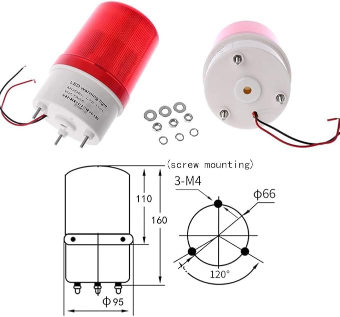 Industrial LED Rotating Strobe Beacon Warning Lights, Electrical Revolving Signal Lights for Emergency, 110v AC, Red, with Buzzer
