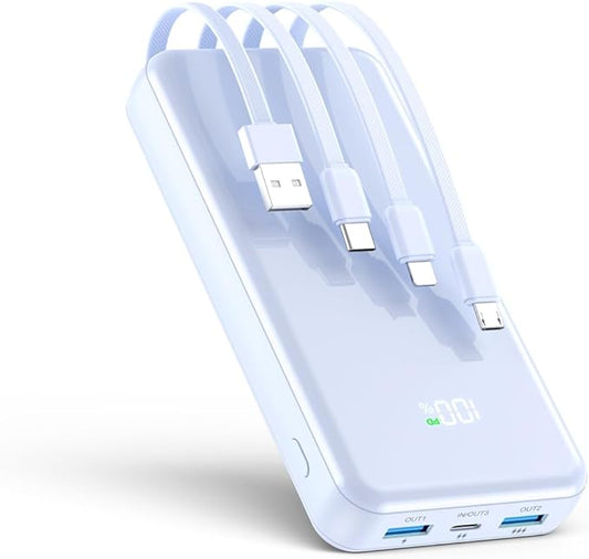 Portable Charger, 42800mAh Power Bank Built-in Cable, 22.5W PD USB C in & Out Fast Charging, External Battery Pack with 6 Output & 2 Input, Travel Phone Charger for iPhone 16/15/14/13/12(Blue)