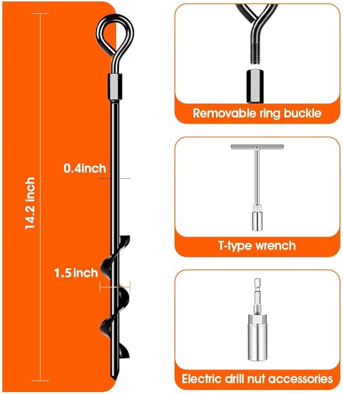 Ground Anchors Screw in, Heavy Duty Tent Stakes Trampoline Anchors 4Pack, Ground Anchors for Camping Tent, Canopies, Carports, Canopy, Sheds, Swing Sets,14in Ground Anchors for High Winds