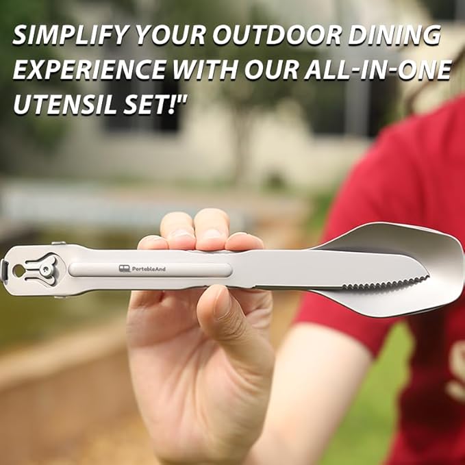 PortableAnd 4-in-1 Camping Utensil Set: Spoon, Spork, Knife, Tongs - Stainless Steel Multi Tool for Outdoor Cooking, Backpacking, Hiking, Picnics - Lightweight Travel Utensil with Carry Bag (1-Pack)