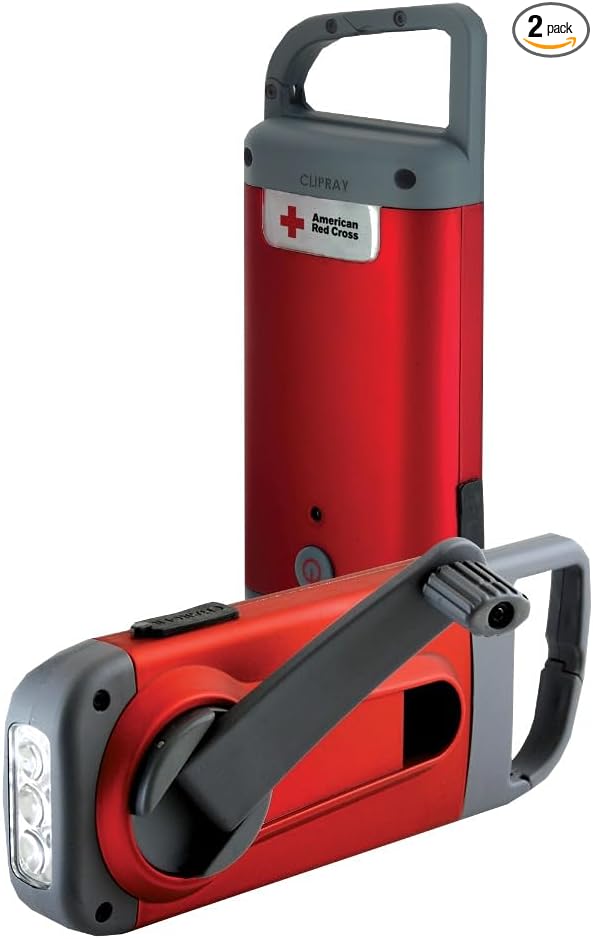 Eton - American Red Cross Clipray Crank-Powered, Clip-On Flashlight & Smartphone Charger,Cherry Red,Hand Crank, Hands Free Carabiner Clip, Pack of 2