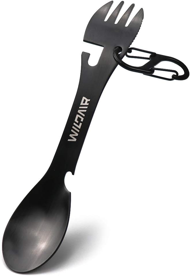 WILDAIR Stainless Steel Spork Camping Utensil with Knife Spoon Fork Bottle Can Opener 5 in1 Functional Multi Flatware