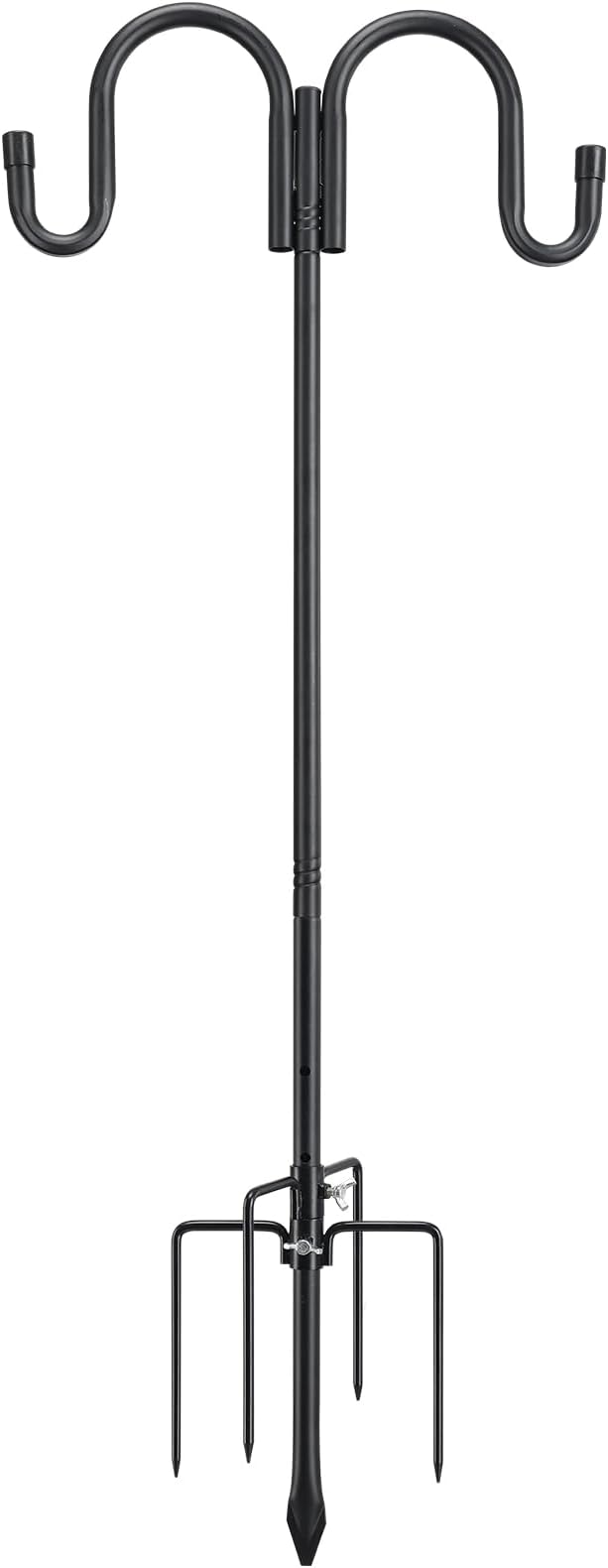 Black Double Shepherds Hook - 52 Inch Adjustable Bird Feeder Pole with 5 Prongs Base - Heavy Duty Rustproof Shepards Hooks for Outdoor Hummingbird Feeder Stand, Solar Lights, Lanterns, Flower Basket