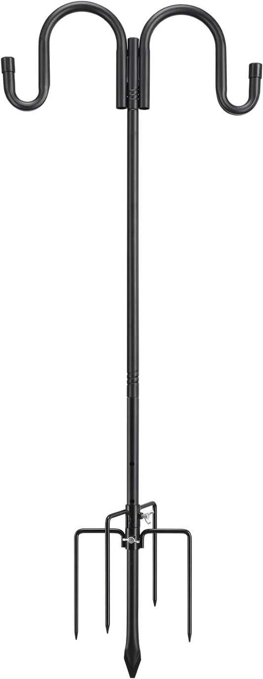 Black Double Shepherds Hook - 98 Inch Adjustable Bird Feeder Pole with 5 Prongs Base - Heavy Duty Rustproof Shepards Hooks for Outdoor Hummingbird Feeder Stand, Solar Lights, Lanterns, Flower Basket