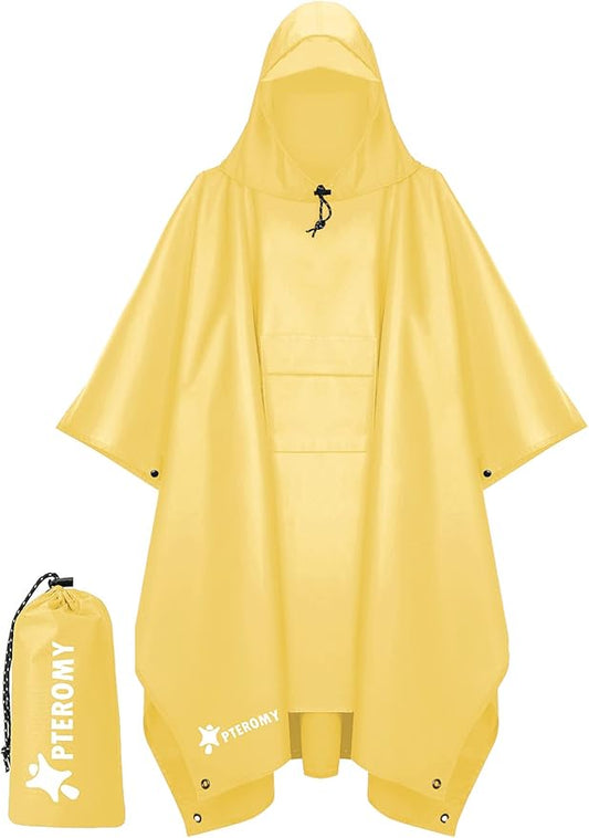 PTEROMY Hooded Rain Poncho for Adult with Pocket, Waterproof Lightweight Unisex Raincoat for Hiking Camping Emergency