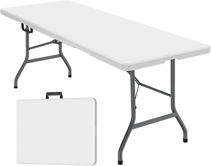 FWTI Deal 6 Feet Foldable Table, Built in Carrying Handle & Alloy Steel Legs, Heavy Duty Portable for Party, Dining, Wedding, Events, Picnic, Indoor, Outdoor, Camping, Utility, White