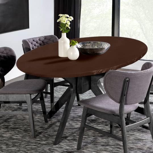 LUSHVIDA Round Waterproof Table Cover Elastic Vinyl Fitted Tablecloth Elastic Edged Plastic Table Cloth (Deep Coffee, Best for Up to 45"-56" Round)