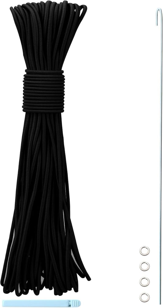 Tent Pole Shock Cord 1/8 inch 60ft, Replacement Shock Cord for Tent Rod, Tent Pole Repair Kit, Elastic Bungee Cord,Elastic Cord with Lead Wire/Washers/Clip (Black)