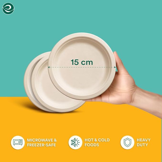 ECO SOUL 100% Compostable 6 Inch Small Paper Plates 200 [2x100 Pc] Small Disposable Party Heavy Duty, Eco-Friendly, Appetizer, Dessert, Wedding Plates I Biodegradable Unbleached Sugarcane Eco Plates