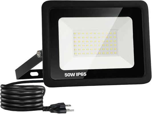 1 Pack 50W Super Bright Flood Light Outdoor, 5000LM LED Work Light with 5.9FT Plug, IP65 Waterproof 6000K Daylight White Outside LED Flood Light with 180Adjustable Bracket for Garage, Yard