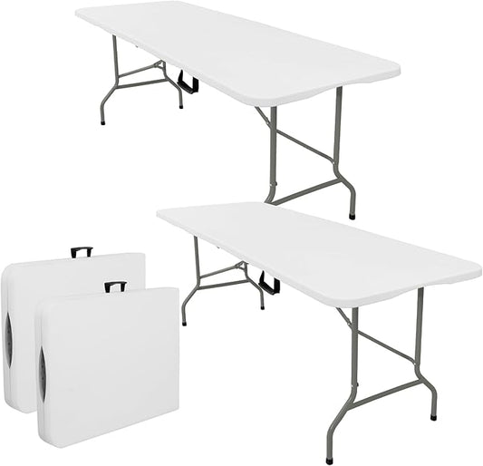 Set of 2 Folding Tables with Carrying Handle Heavy Duty Rectangular Portable Plastic Camping Table Steel Legs for Party, Dining, Wedding, Events, Picnic Indoor, Outdoor (8FT, White)