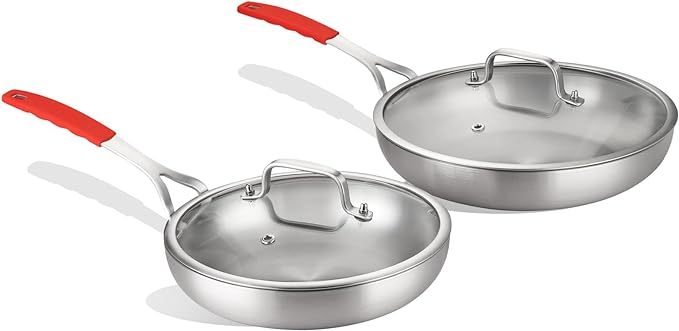 DELARLO Tri-ply Stainless Steel Frying Pan Set with Lid 8" 12" large Skillets Induction Chef's Pan,Pots and Pans Set Kitchen Cookware Set Dishwasher and Oven Safe