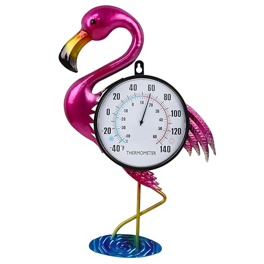 Flamingo Outdoor Thermometer, 17" H Wall Thermomter with No Need Battery, Indoor Thermometer Large Easy to Read for Patio Room Decor
