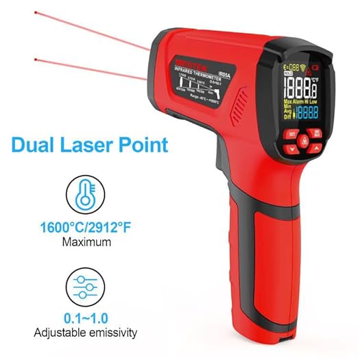 '-40℉~2912℉ MESTEK Infrared Thermometer Temperature Gun,50:1 Dual Laser High Temp Thermometer with Thermocouple Probe, Non-Contact Industrial Pyrometer for Engine, Kiln, Forging,Humidity Measurement