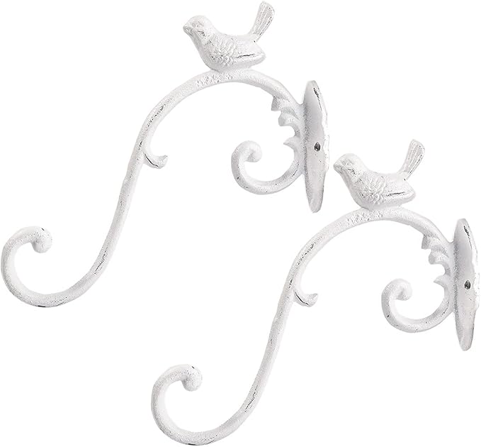 Sungmor Cast Iron Plant Hanger Wall Hooks, Heavy Duty Hanging Basket Brackets, Lovely Bird Shape & 10 inch & 2PC White, Decorative Wall Hangers for Planters Lanterns Bird Feeders Houses Wind Chimes