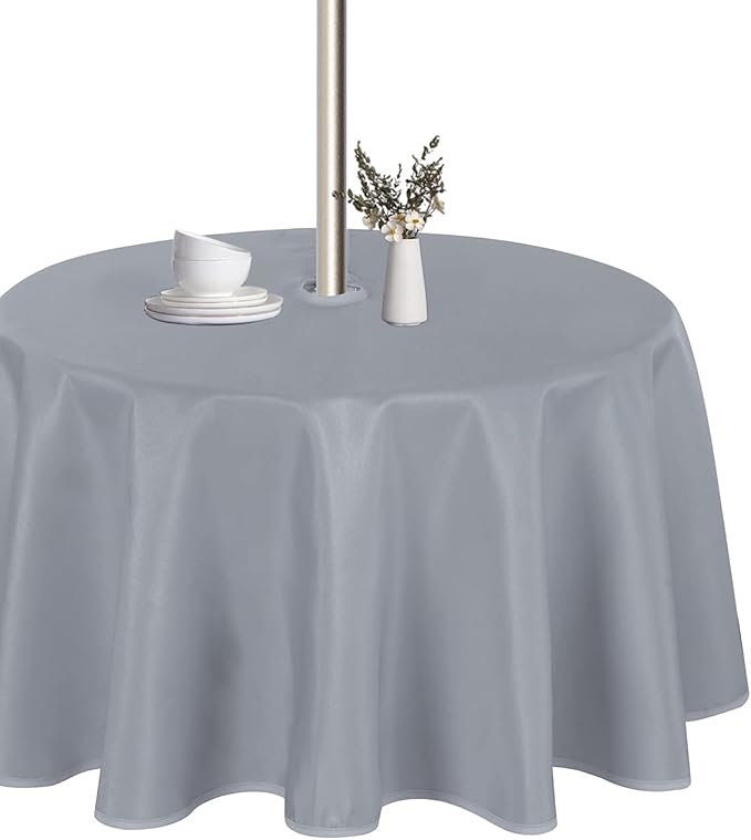 LUSHVIDA Round Outdoor Tablecloth with Umbrella Hole and Zipper, 60 Inch Silver, Washable Waterproof Table Cloth Spill Proof Wrinkle Free Table Cover for Patio Spring Summer Picnic BBQS