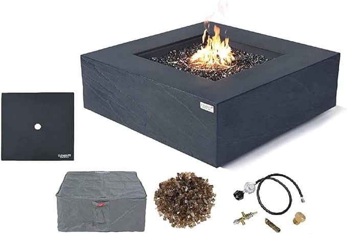 Elementi+ | Roraima Gas Fire Pit Cast Concrete 40" Square Fire Table, Outdoor Fire Pit Electronic Ignition | Canvas Cover, Fire Glass and Burner Lid Included | Dark Gray | Propane Gas