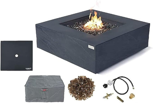 Elementi+ | Roraima Gas Fire Pit Cast Concrete 40" Square Fire Table, Outdoor Fire Pit Electronic Ignition | Canvas Cover, Fire Glass and Burner Lid Included | Dark Gray | Propane Gas